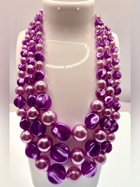 Vintage 1970s Hong Kong Purple Acrylic Multi-Strand Necklace